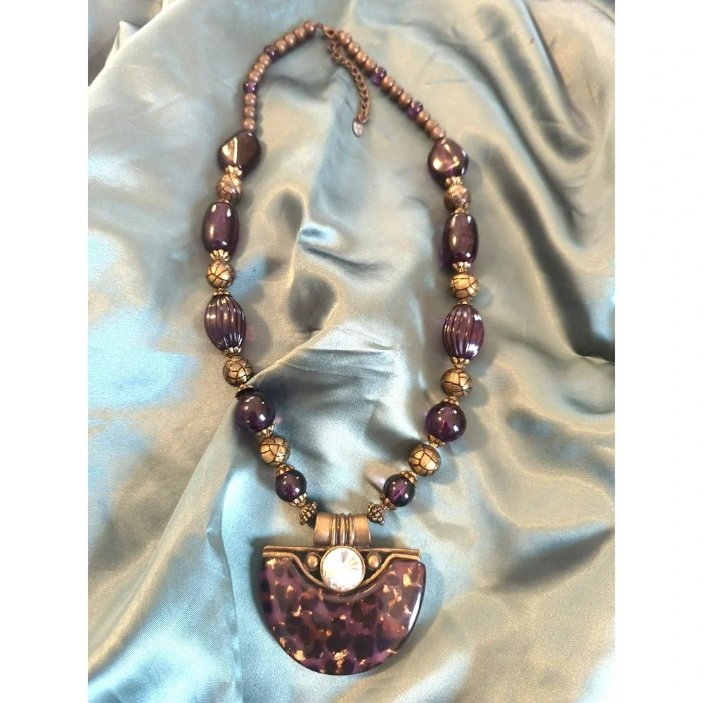 Aldo Signed Large Pendant Necklace Art Deco Inspired Purples Bronze Eye Catcher